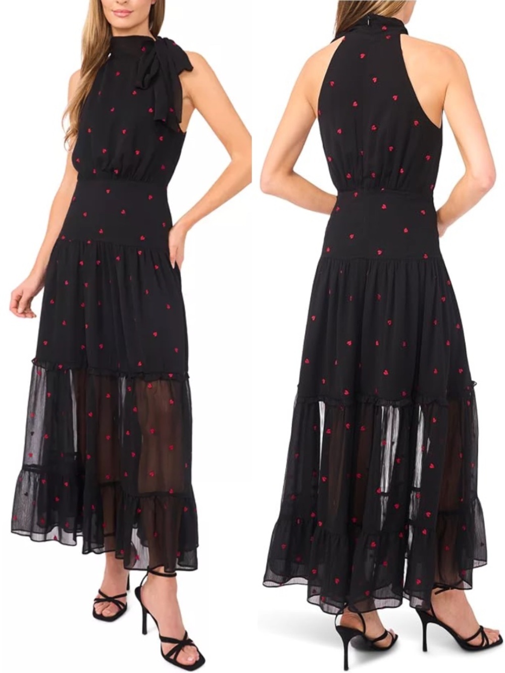NEW CECE Black CHIFFON HALTER Tie Neck TIERED Heart EMBROIDERED Maxi DRESS S